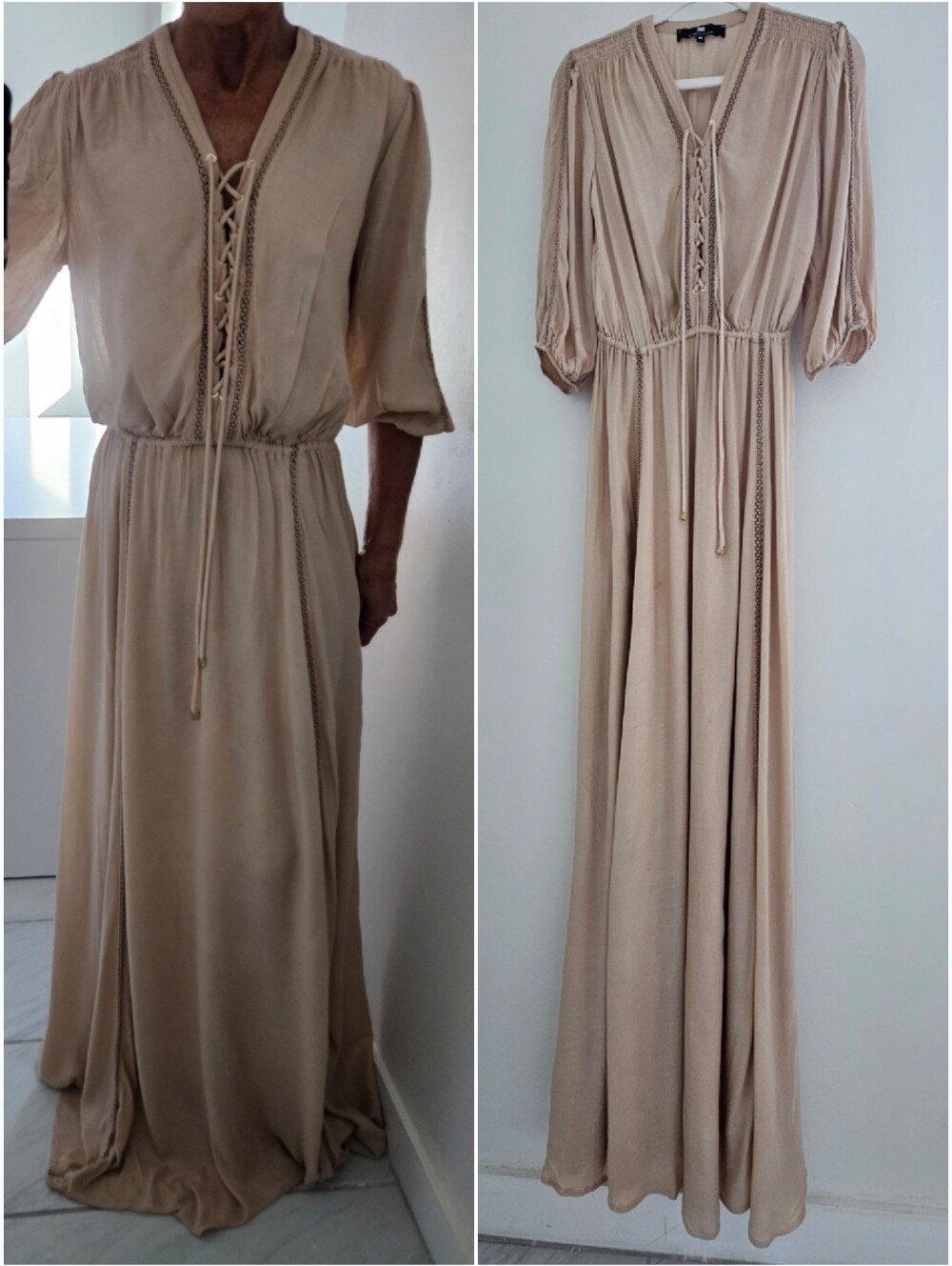 Elisabetta Franchi Toast Cotton Silk Blend Poet Embroidered Long Flowey Dress